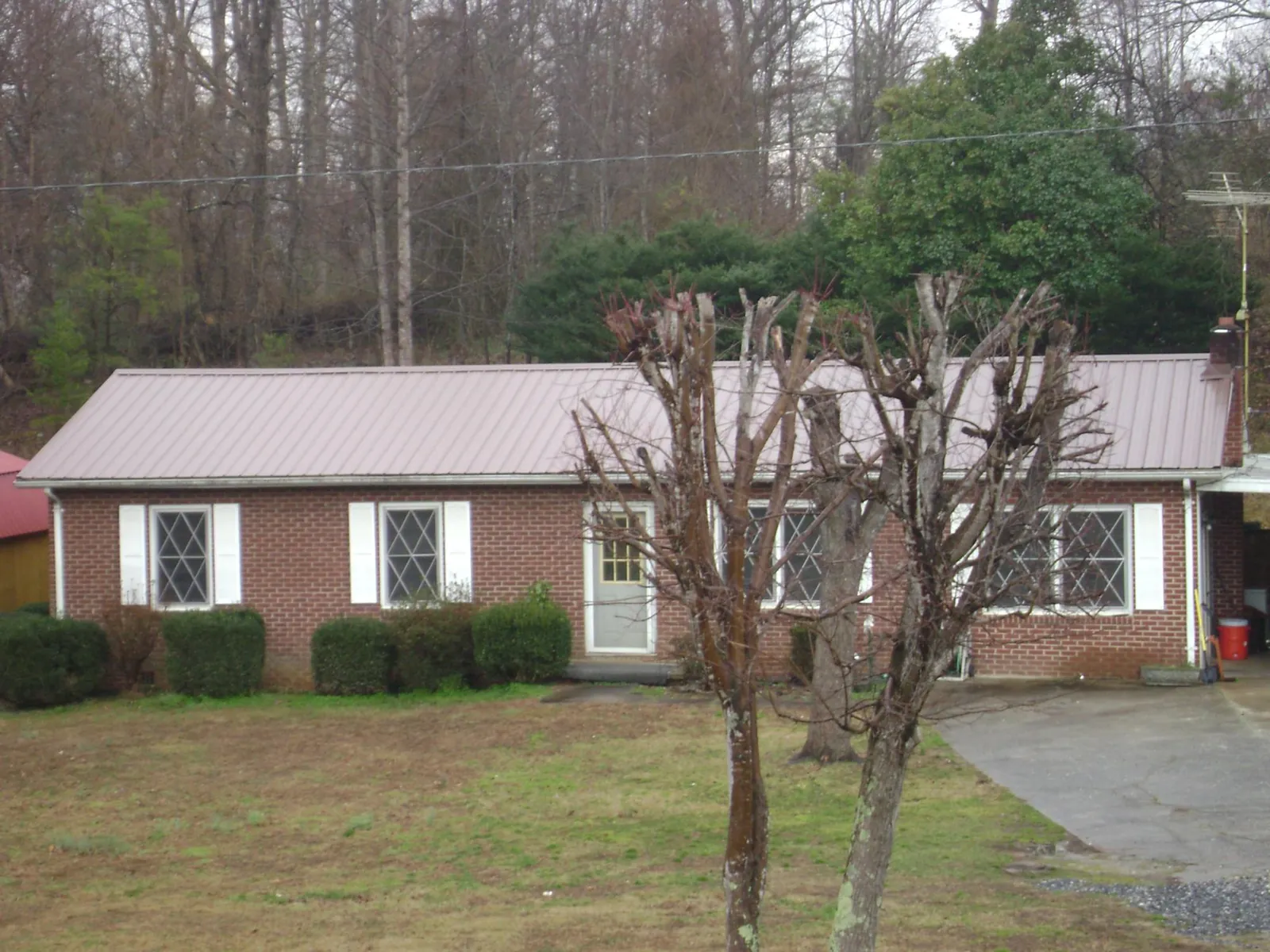 Mauve metal roof on a brick ranch home behind bare trees in Drakesboro